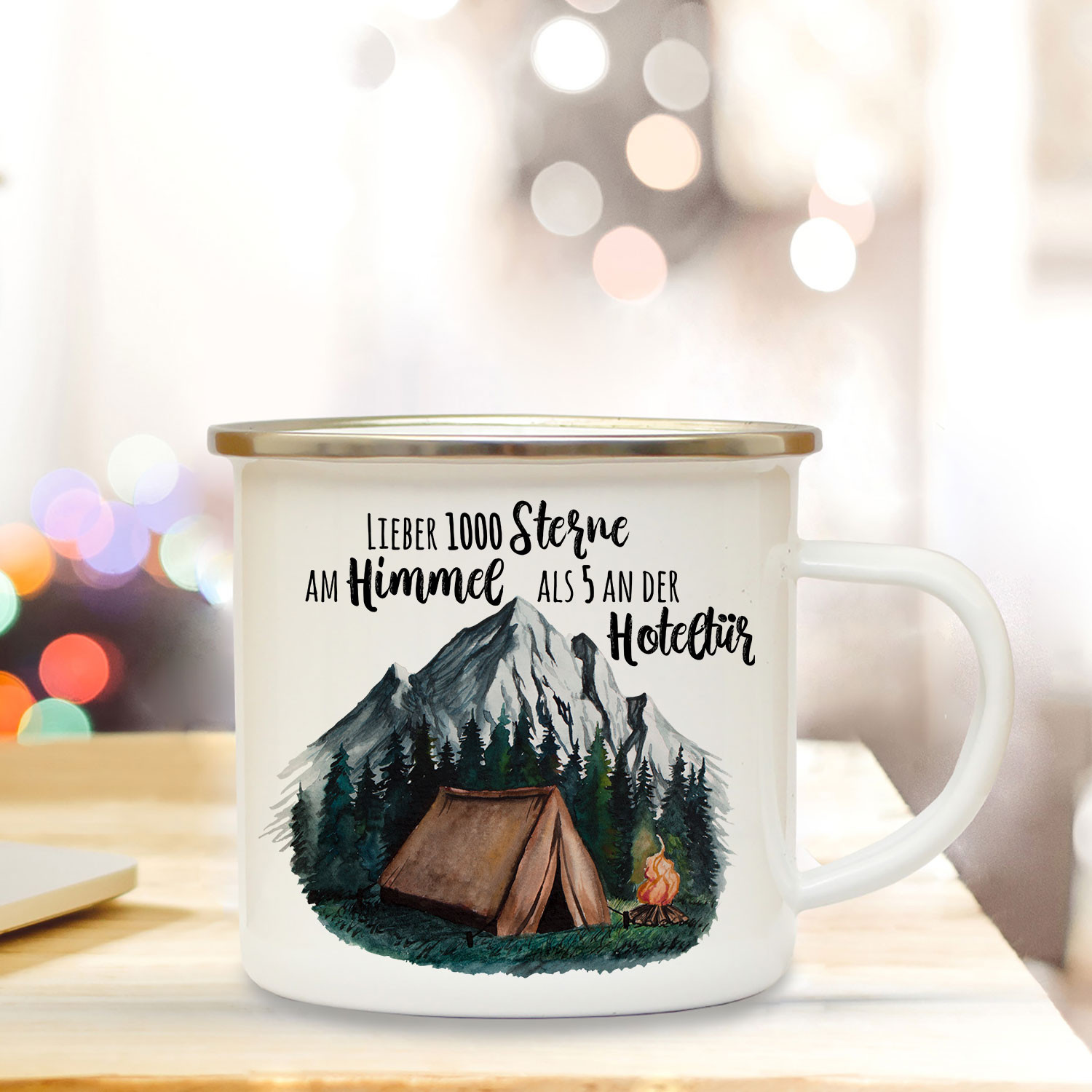 Emaille Becher Camping Tasse Zelt Campen Wildnis Wald Berge And Spruch Lieber 1000 Sterne Am 5423