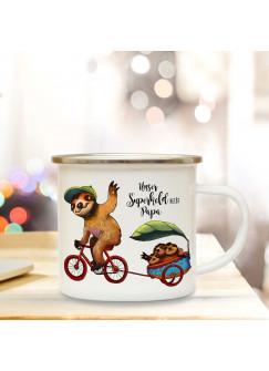 Emaille Becher Camping Tasse mit Faultiere Fahrrad & Spruch Papa Superheld Kaffeetasse Geschenk eb102