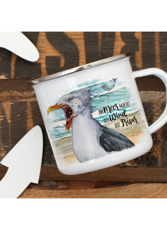 Emaille Becher Camping Tasse Möwe Vogel Spruch Am Meer macht der Wind die Frisur Kaffeetasse Geschenk Spruchbecher eb403