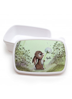 Lunchbox Brotdose weiß Hase Häschen mit Pusteblume im Wald & Wunschname Geschenk Einschulung Kindergarten LBr14