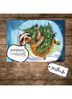 A6 Weihnachtskarte Postkarte Weihnachten Print mit Faultier und Spruch Allerfröhlichste Weihnachten pk117