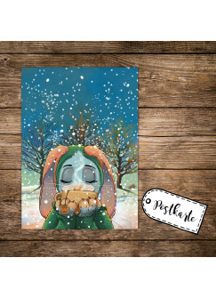 A6 Weihnachtskarte lustige Postkarte Weihnachten Print Hase im Schnee mit Tee pk123