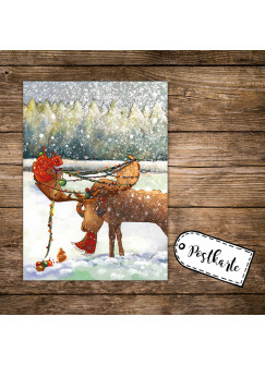 A6 Weihnachtskarte lustige Postkarte Print Elch im Schnee mit Lichterkette & Weihnachtskugeln pk124
