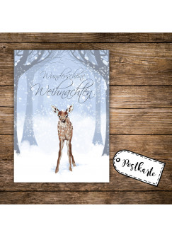 A6 Weihnachtskarte Reh Postkarte Print mit Rehkitz im Winterwald & Spruch Wunderschöne Weihnachten pk127