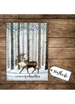 A6 Weihnachtskarte Postkarte Print Rentier & Zwerg im Wald mit Spruch Allerfröhlichste Weihnachten pk139