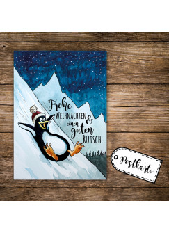 A6 Weihnachtskarte Postkarte Print Pinguin im Winter mit Spruch Frohe Weihnachten & einen guten Rutsch pk140