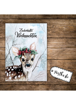 A6 Weihnachtskarte Postkarte Print Reh Rehkitz im Wald mit Spruch Zauberhafte Weihnachten pk141