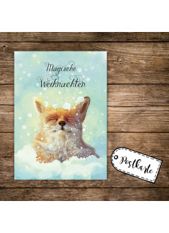 A6 Weihnachtskarte Postkarte Print Fuchs im Schnee mit Spruch Magische Weihnachten pk142