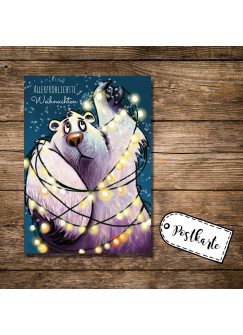 A6 Postkarte Weihnachtskarte Print Eisbär mit Lichterkette und Spruch allerfröhlichste Weihnachten pk16