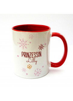 Tasse Prinzessin Lilly mit Schneeflocken Schneekristalle und Wunschname in rot ts160