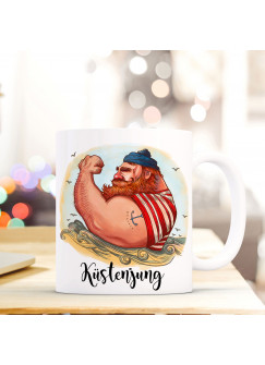 Tasse Becher Kaffeetasse Kaffeebecher Maritim mit Kapitän Seemann und Spruch Küstenjung ts443