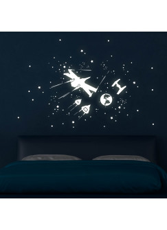 Wandtattoo Sternenflotte Raumschiffe Sterne Weltall Weltraum mit Sterne und Punkte Leuchtsticker fluoreszierend M1747