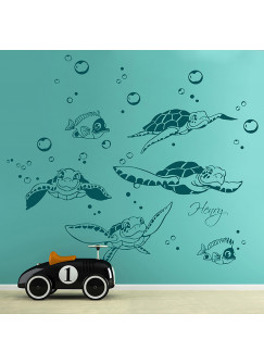 Wandtattoo Schildkröten mit Fische Wasserblasen und Wunschname M1755