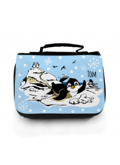 Waschtasche Pinguine auf Eisscholle mit Schneeflocken und Wunschname in hellblau wt050