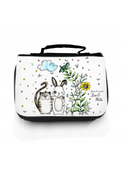 Waschtasche Kosmetiktasche 2-er Set Hase und Katze mit Wunschnamen wt107S