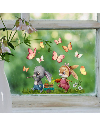 Fensterbild Hase Hasen Häschen Flöte Möhre Schmetterlinge